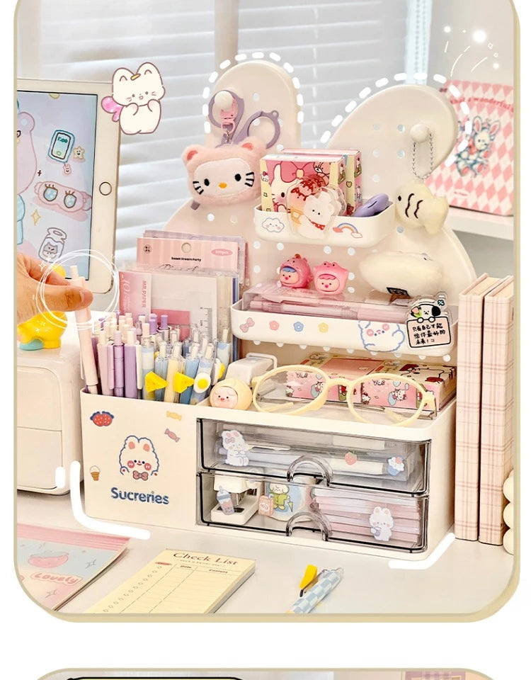 Desktop Hole Board Storage Box Desk Organizer Girls Cute Pen Holder Storage Stationary Rack Korean Kawaii Bunny Cosmetic Shelf