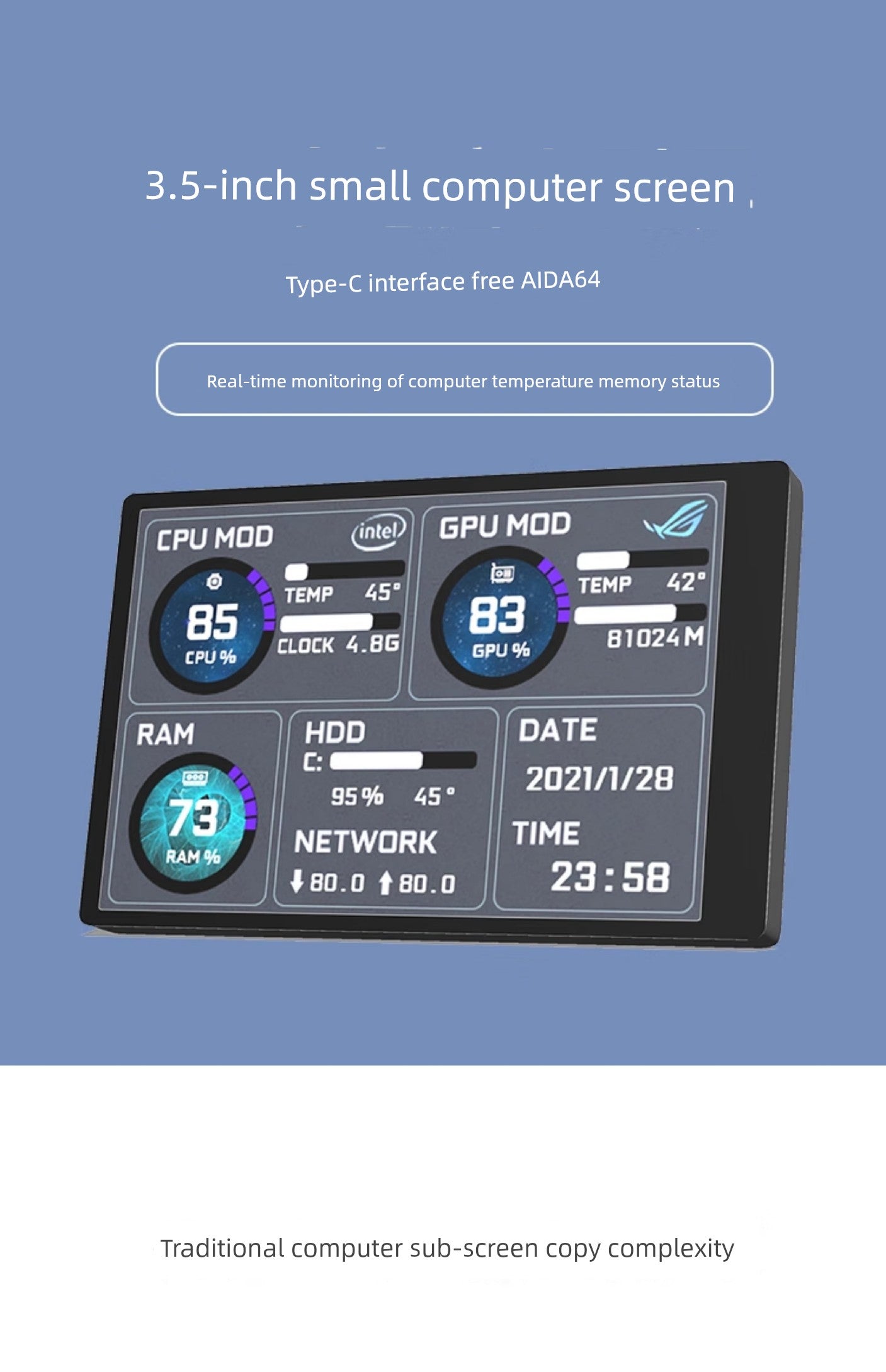 3.5-Inch Computer Sub-Screen IPs Full View USB-C Chassis Sub-Screen Computer Status Monitoring Installation-Free Aida64