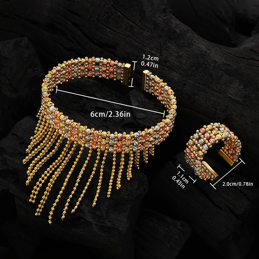 Luxury Cuff Bangles and Ring Set Gold Color Beads Arabic Dubai Wedding Bridal Jewelry Set Women Party 2 pcs Hand Jewelry