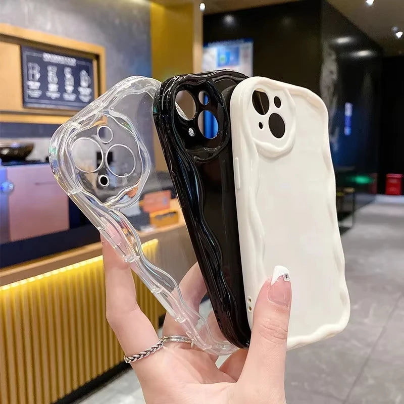 Wave Pattern Solid Color Cream For iPhone 11 12 13 14 15 16 17 Pro Max Plus Air Transparent Resistant Clear Shockproof Case
