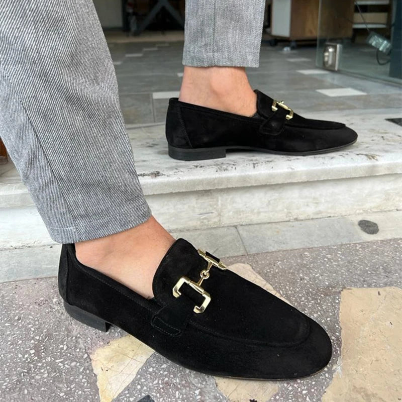 Loafers Men Shoes Black Beige Flock Round Toe Metal Decoration Men Dress Shoes Slip on Men Shoes