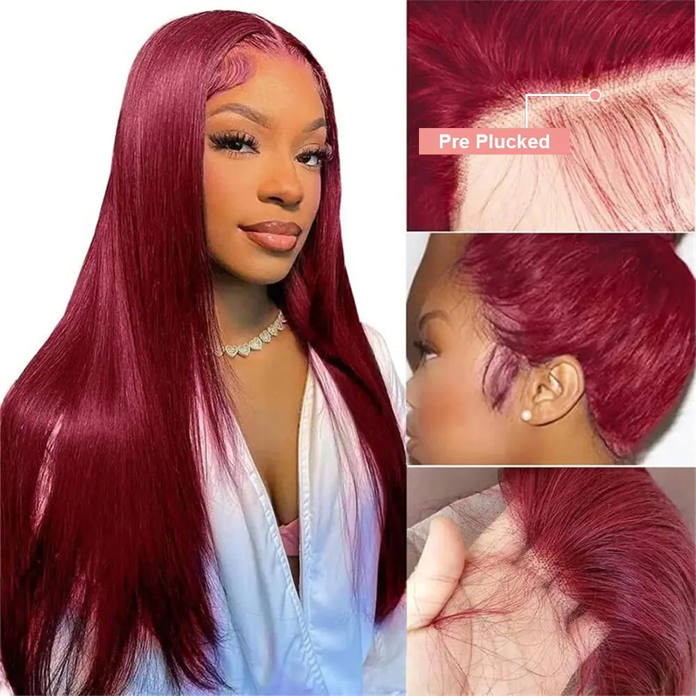 Burgundy Transparent Lace Frontal Human Hair Wig 7x5 Glueless Red 99J Straight Colored 13x4 Lace Front Human Hair Wigs For Women