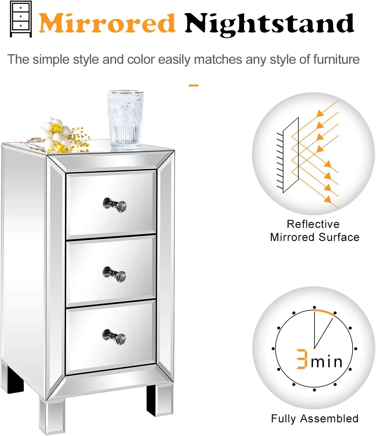 Mirrored Nightstand with 3-Drawers Silver Side End Table Mirrored Furniture for Small Space, Bedroom, Living Room
