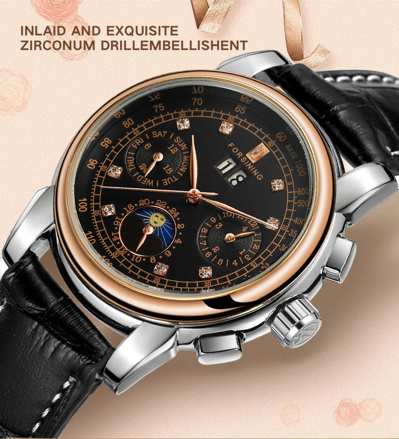 Forsining Fashion Ladies Stainless Steel Case Moon Phase Mechanical Watch Women's Multifunctional Diamond Dial Automatic Clock