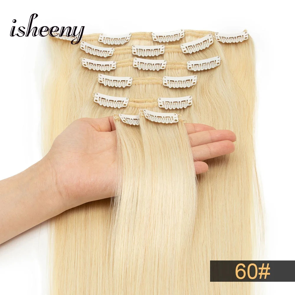 Isheeny 12"-24" Clip In Human Hair Extensions Brazilian Remy Natural Clip Human Hair Extension Real Natural Clip On 50G-120G NEW