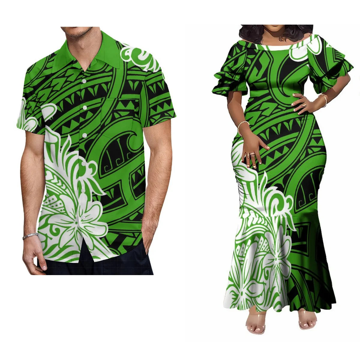 Custom Polynesian Tribal Couple Set Samoan Women'S Temperament Slim Dress Women'S Mermaid Maxi Skirt Men'S Shirt