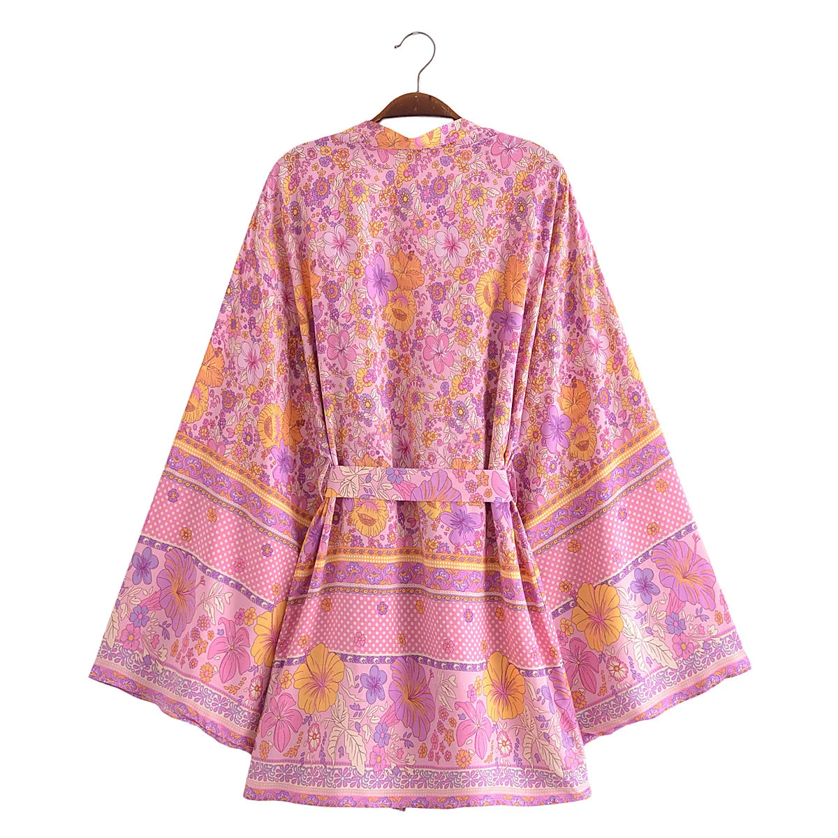 BOHO Women Blue With Pink Flower Print Kimono Shirt Holiday Tide Bow Sashes Mid Long Cardigan Summer Blouse Beach Cape