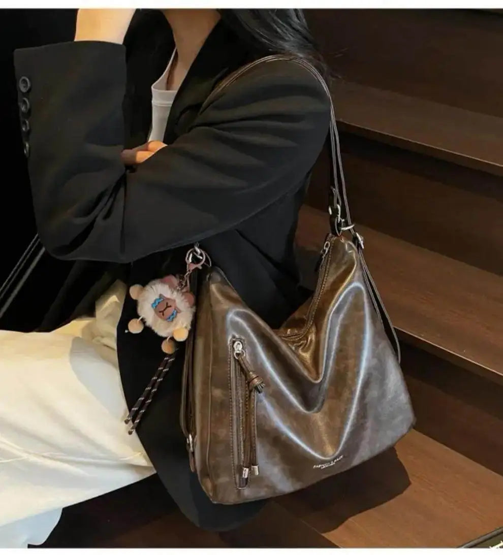Retro Large Capacity Crossbody Shoulder Tote Bag for Women Commuter Bag 2025 New Luxury Minimalist High-End Feel PU Leather