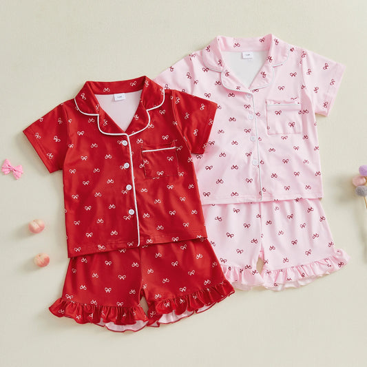 Summer Toddler Girls Loungewear Set Bow Print Short Sleeve Shirts Tops Elastic Waist Shorts Suit Infant Sleepwear Kids Pajamas