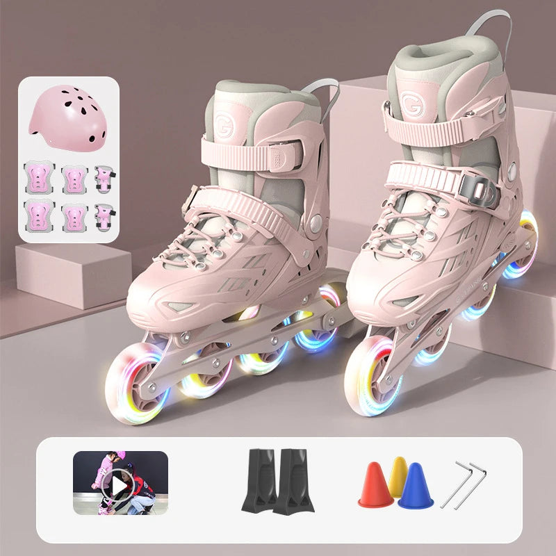 4 Wheels Flashing Inline Skates with Full Protective Gear Set Helmet Knee Pads Elbow Pads Carry Bag Adjustable Size for Boy Girl