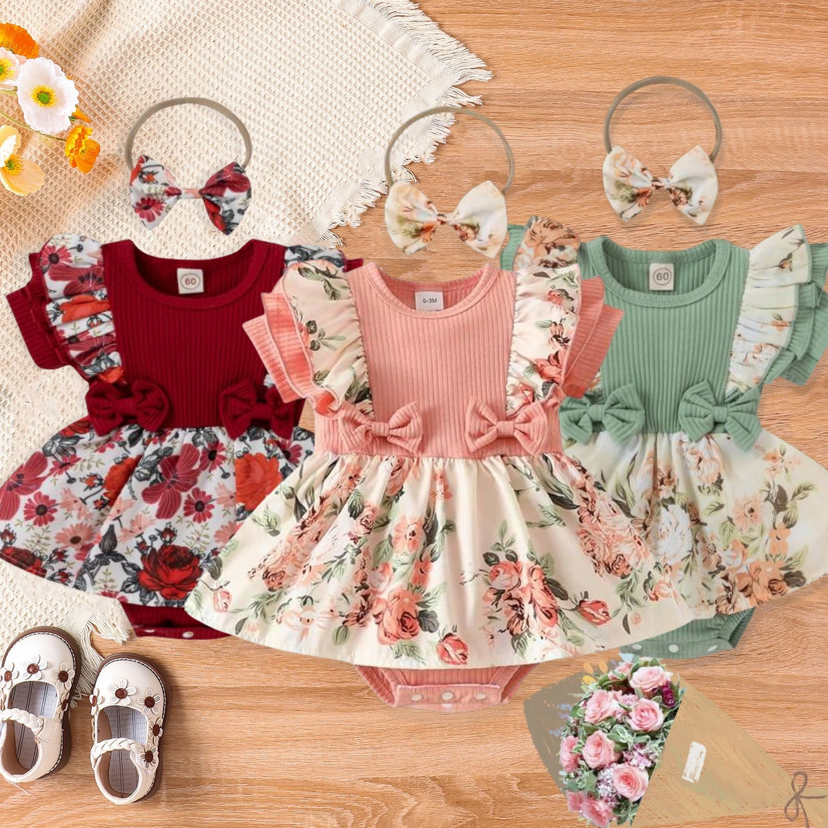 Summer Baby Girl Dress With Bowknot headband Striped Jumpsuit Cotton Dress For Newborn Floral Clothes Baby Crawling Clothes