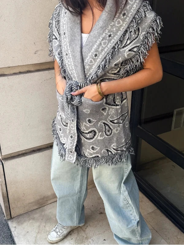 Women's Print Fringe Knitted Vest Coat Fashion Sleeveless Tie Waist Pocket Cardigan Sweater Lady 2025 Autumn Casual Outerwear