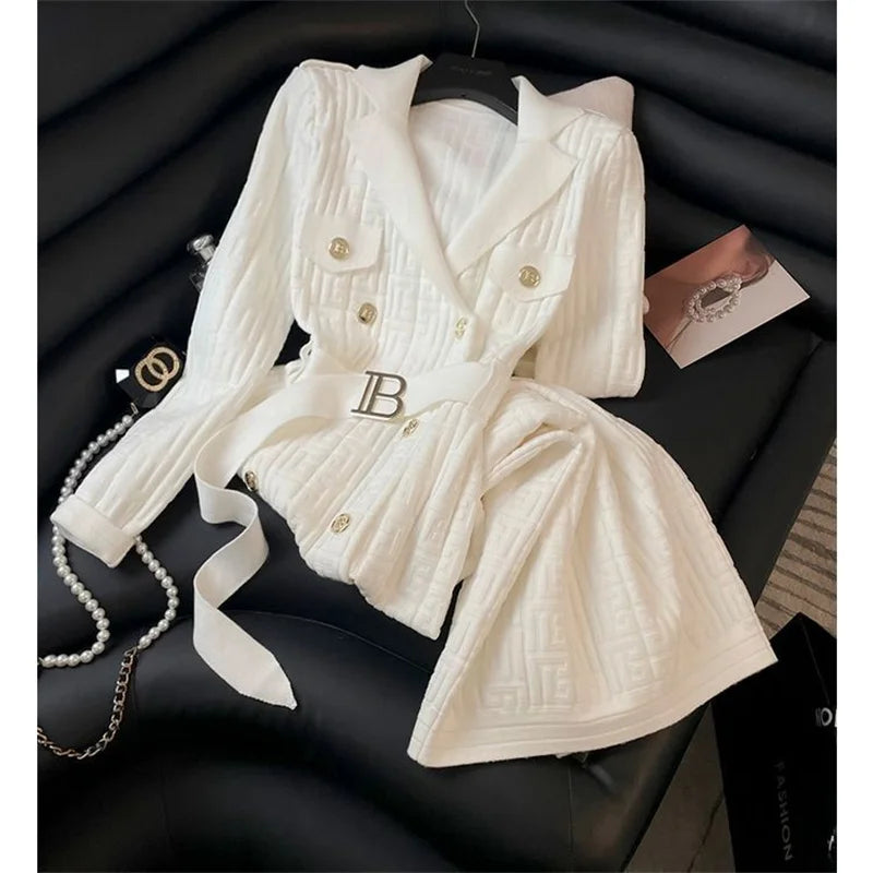 2025 Autumn Winter High-Grade Suit Collar Knitted Dress Women Fashion Double-Breasted Middle Long Over-The-Knee Sweater Vestidos