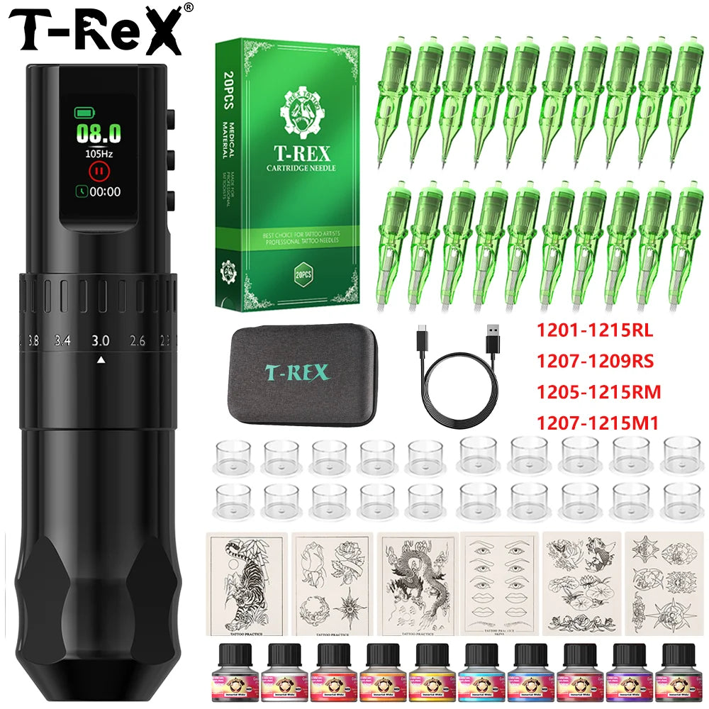 T-Rex D4 Wireless Tattoo Pen Complete Kit 2.0-4.2mm Adjustable Stroke Dot Work Mode 1600mAh Battery Full Tattoo Supplies Set