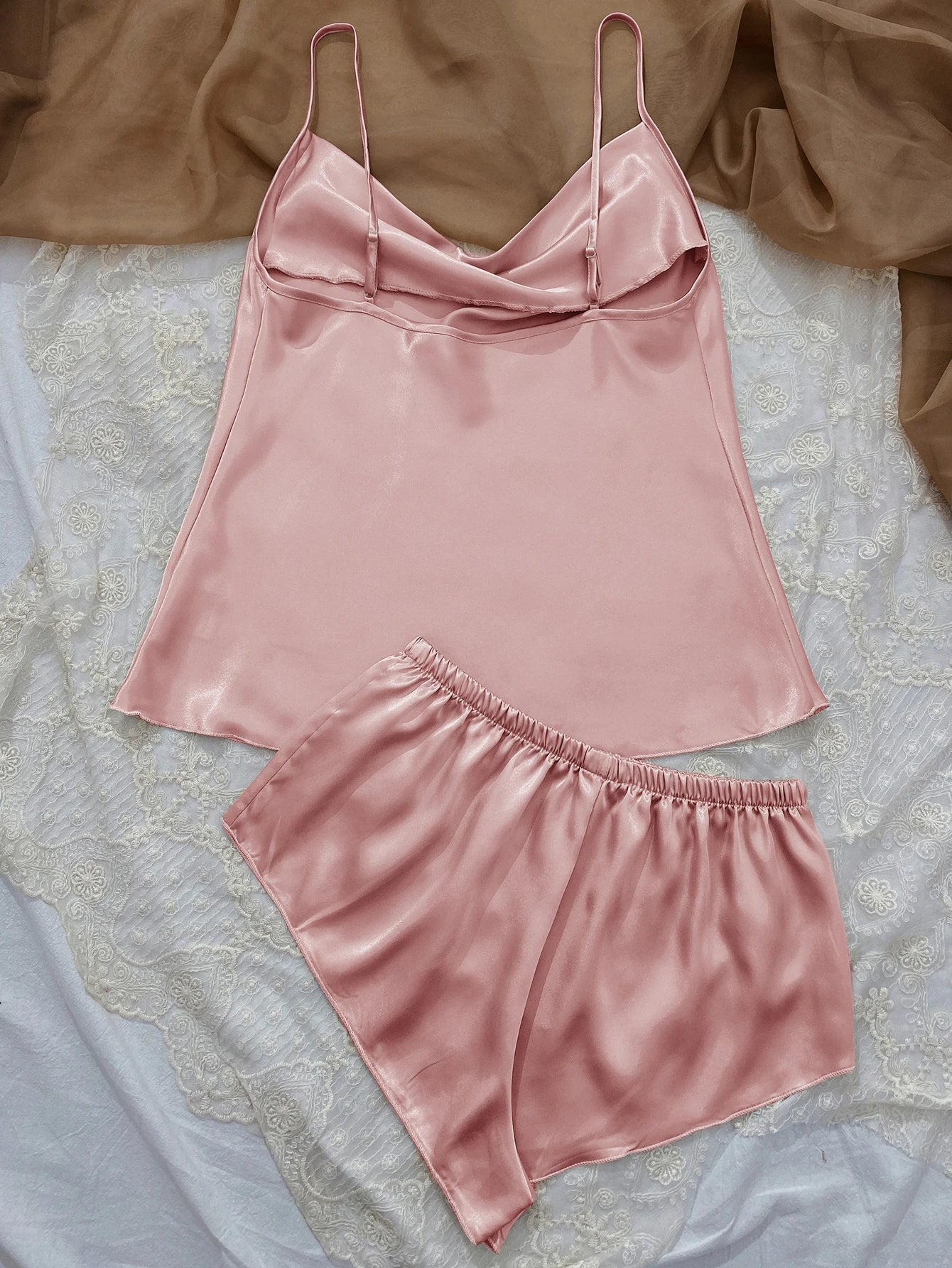 Solid Satin Pajama Set  V Neck Cami Top   Elastic Waistband Shorts Women's Sleepwear  Loungewear