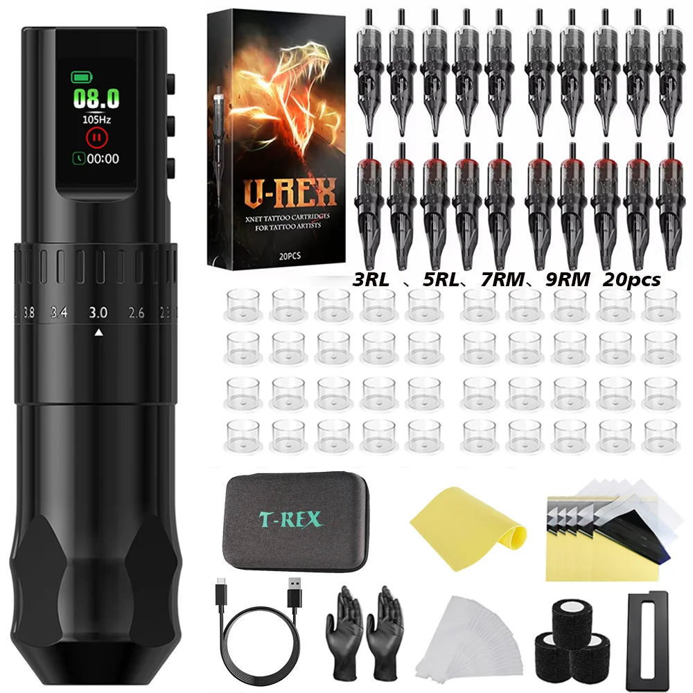 T-Rex D4 Wireless Tattoo Pen Complete Kit 2.0-4.2mm Adjustable Stroke Dot Work Mode 1600mAh Battery Full Tattoo Supplies Set