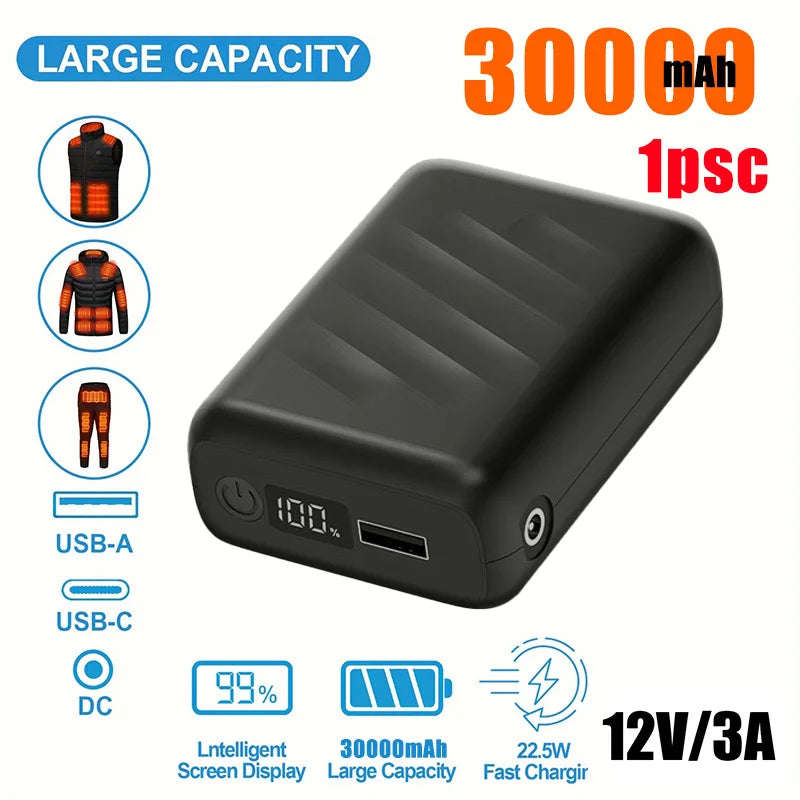 30000mAh Rechargeable 12V 3A Power Pack For Heated Jacket Power Bank Spare Battery Portabl Heating Vest Auxiliary Battery
