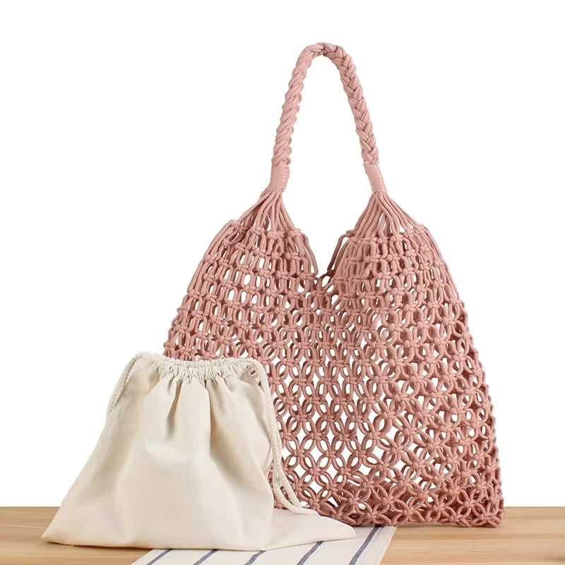 Fashion Crochet Bags for Women Summer Beach Tote Bag Raffia Aesthetic Totes Straw Handbag Bohemian Boho Woven Knit Shoulder Bag