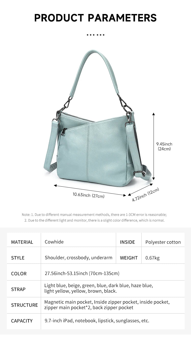 Women Full Grain Cow Leather Hobo Bag With Two Straps Multi Color Large Capacity Shoulder Crossbody Handbag