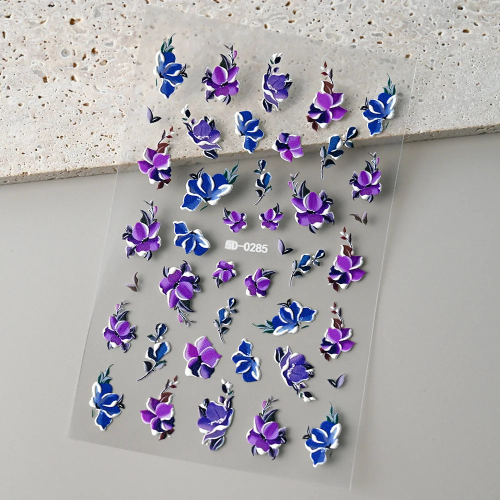 1Pc 3D Lavendar Flowers Stickers for Nails Spring Sakura Floral Leaves Self-Adhesive Sliders Decals Art Manicure for Decoration