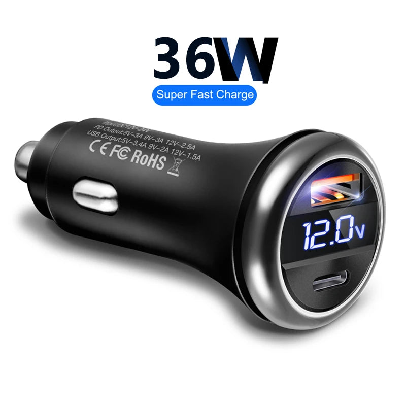 Car Charger Super Fast Charge Adapter Type C USB 36W Portable For IPhone 14 Pro Max 13 12 11 IPad Airpods OnePlus