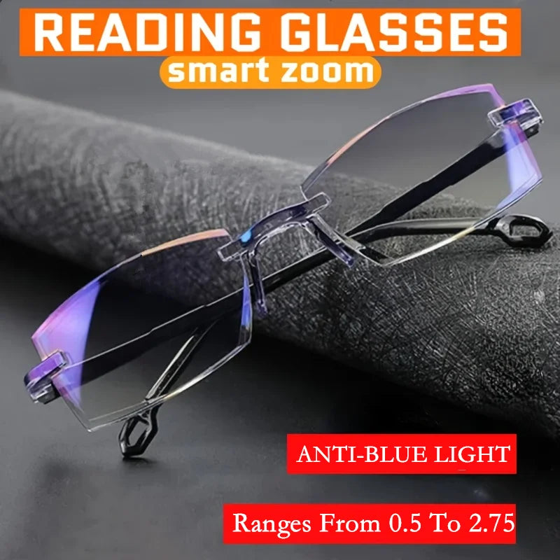 Intelligent Zoom Reading Glasses Women Men Rimless Anti Blue Light Bifocal Presbyopia Glasses for Near and Far Viewing