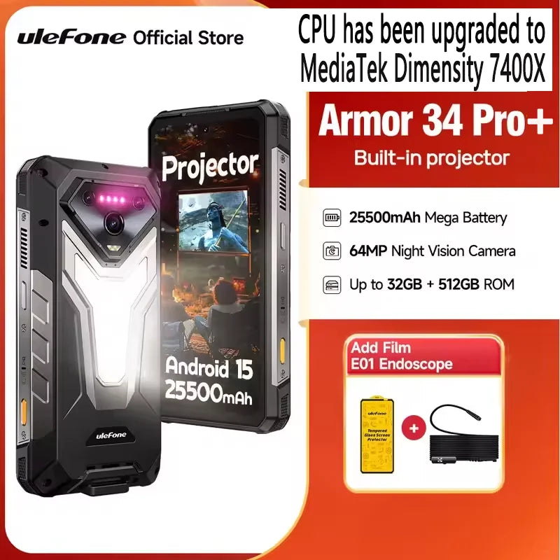 Ulefone Armor 34 Pro+5G AI Rugged Phone 32GB+512GB 25500mAh 6.95" Built-in Projector 120Hz Android 15 MTK 7300 NFC Smartphone