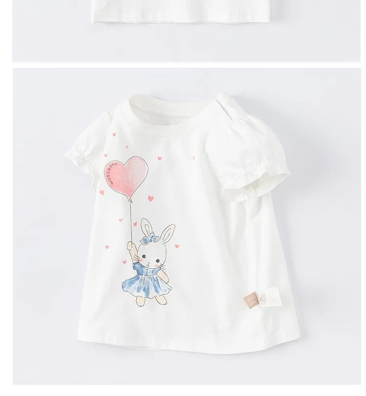 Dave Bella Baby Girl White T-shirts Cartoon Printed Girls Tees Children Tops Puff Sleeves Kids Clothes DB2221905