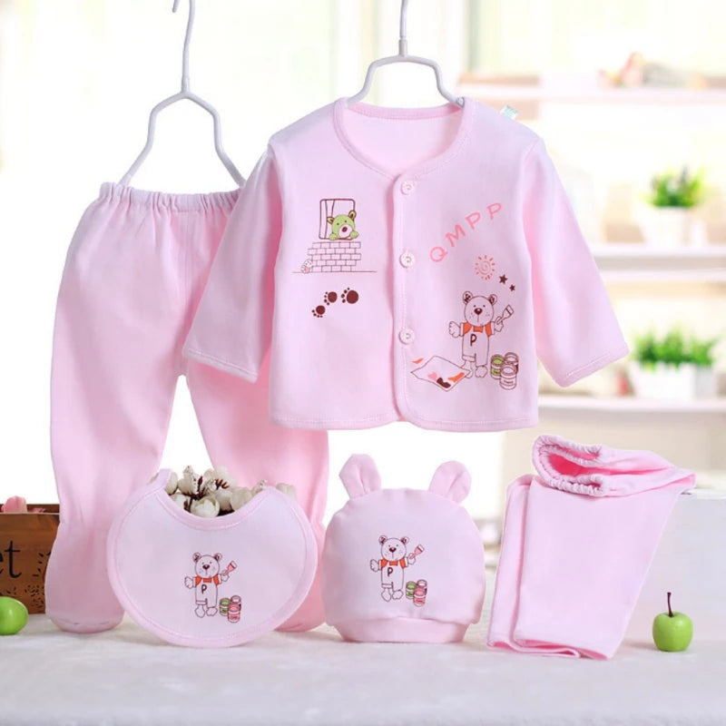 Newborn Baby Suits Boy Girl Clothes Sets Tops Pants Bibs Hats Cotton Cartoon Print Baby Clothing Cute Infant Outfit 0-3 Months