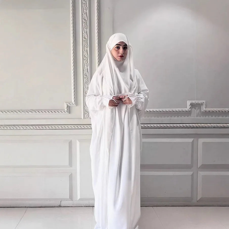 Muslim Abaya Hooded Smocking Sleeve One-piece Prayer Dress Women Jilbab Islamic Clothing Dubai Saudi Black Robe Turkish Modesty