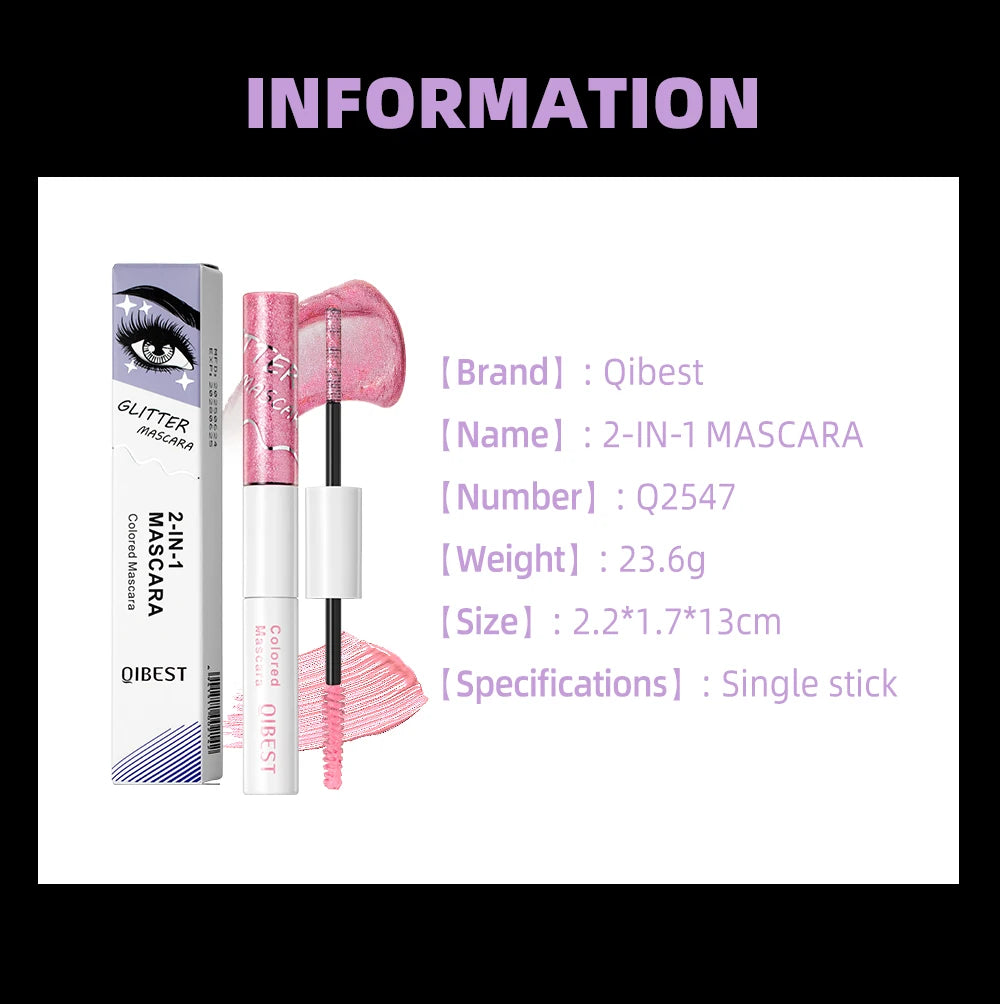 QIBEST Double Head Diamond Glitter Mascara Lasting Colored Mascara Eyelashes Pink Blue Green Red Brown Voluminous Mascara Rimel