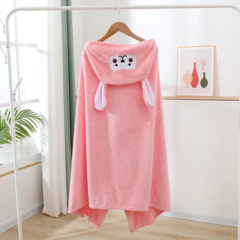 Children Hooded Bath Towel Coral Fleece Super Absorbent Quick Dry Soft Cartoon Cape Towel For Baby Bathroom