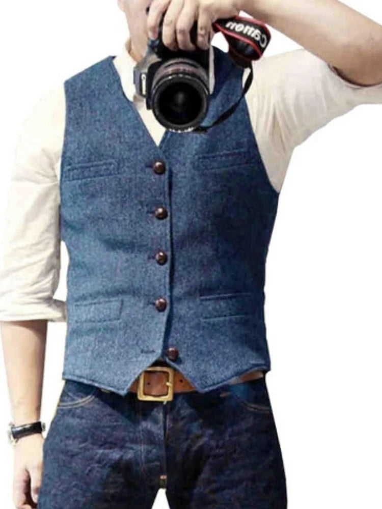 Men's Suit Vest Military Green Single Breasted Blended  Men Vest Denim Jeans Waistcoat Jacket Slim Fit Casual Formal Business