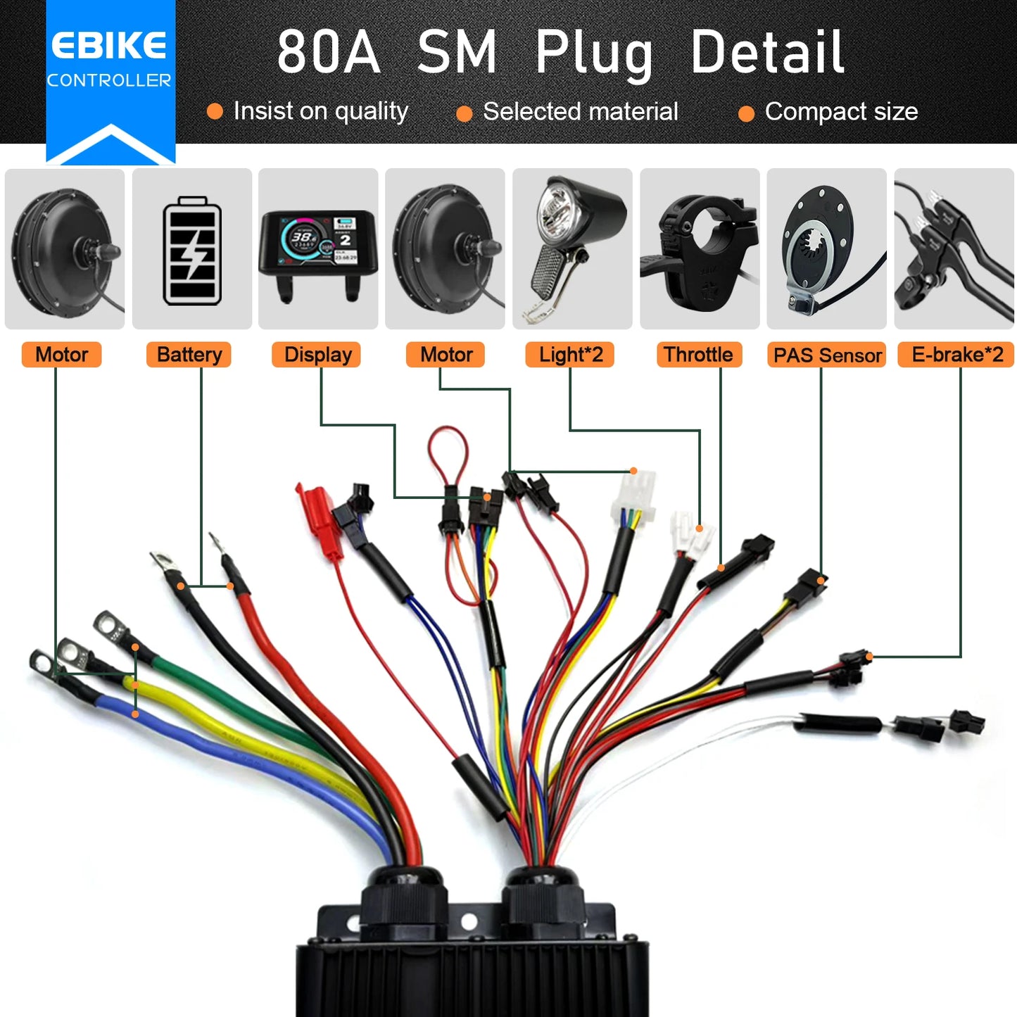 Electric Bicycle 80A BLDC Sine Wave/Square Wave 3 Mode Controller 48V72V3000W5000W Throttle PAS E-Brake Display for Ebike Scoote