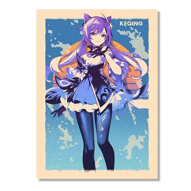 Genshin Game Retro Canvas Poster Ganyu Hu Tao Game  Wall Hanging Painting Anime Wall Art Pictures and Print for Home Room Decor