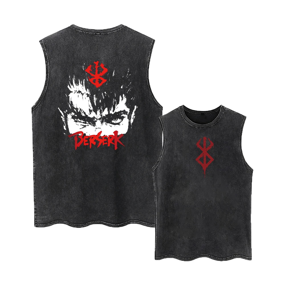 Berserk Logo Graphic Tank Top Manga Print Vest Men Women Sleeveless Shirt Vintage Washed Oversized 100% Cotton Gym Clothing