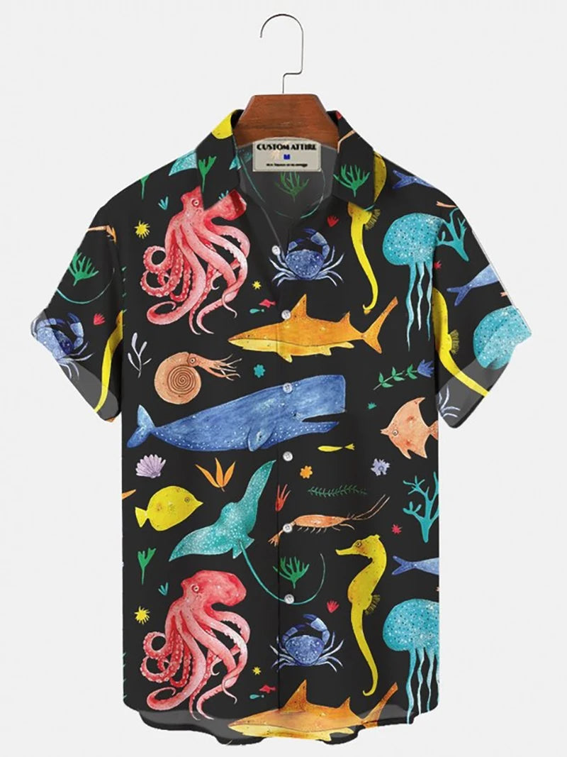Fashionable summer turtle print shirts Hawaiian button Men's beach short sleeved Casual lapel