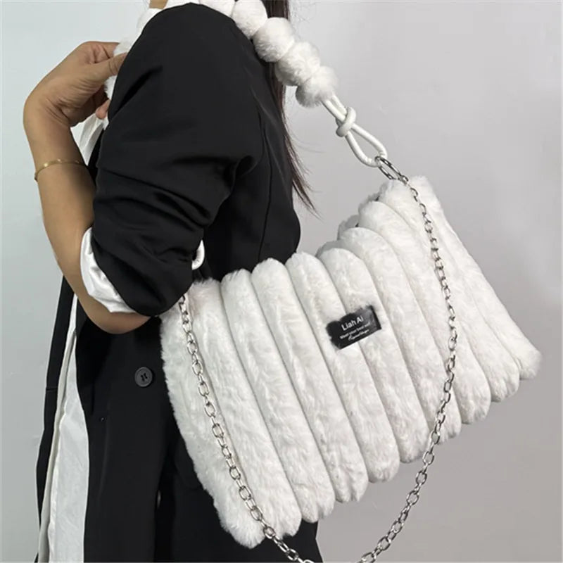 Women's Large Plush Tote Bag with Crossbody/Handheld Carry Soft Striped Plush Exterior Cozy Handbag for, Travel, Everyday Use