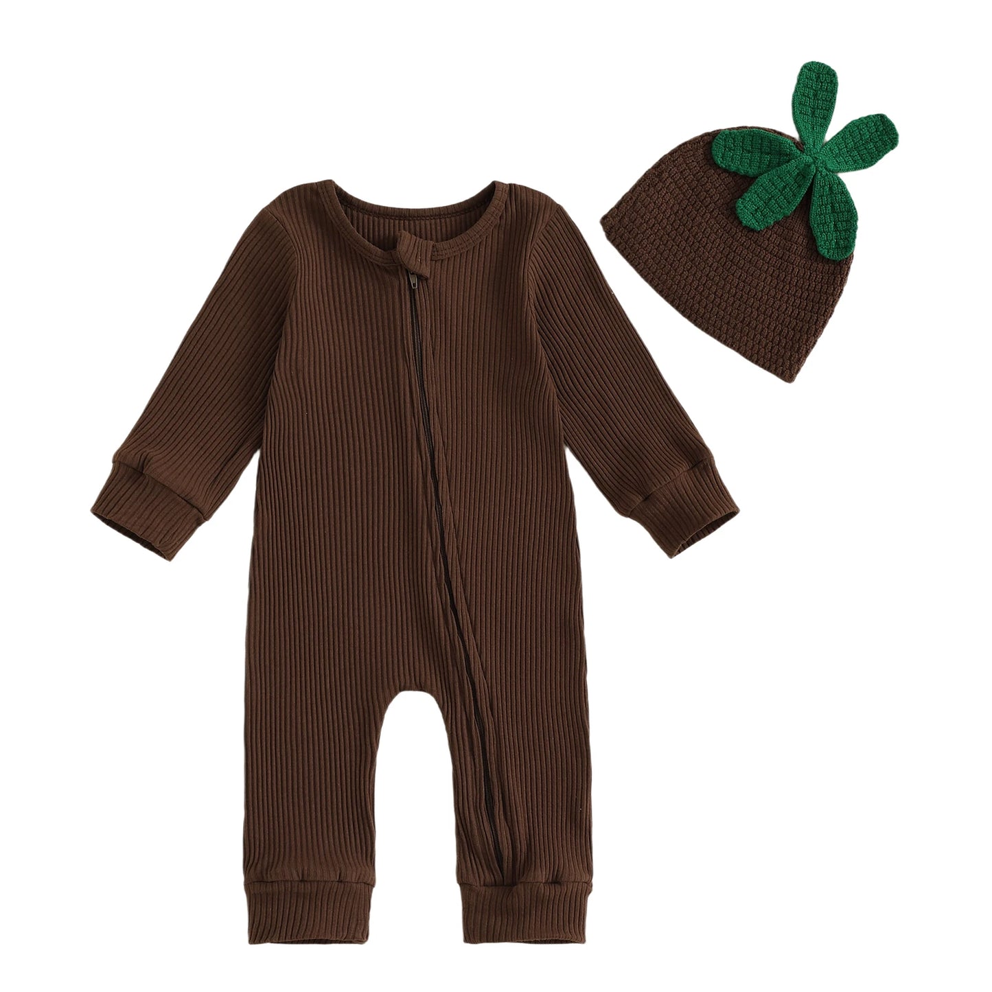 Infant Baby Boy Halloween Outfit Little Mandrake Jumpsuit Long Sleeve Ribbed Zipper Romper with Knit Hat Magic Baby Outfit