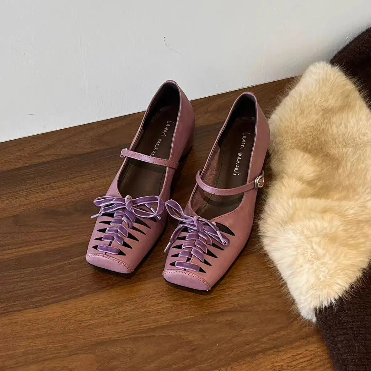 French-style Square-toe Hollow Lace-up Height-increasing Mary Jane Shoes for Women with Single-strap Fashion Shallow-cut Flats