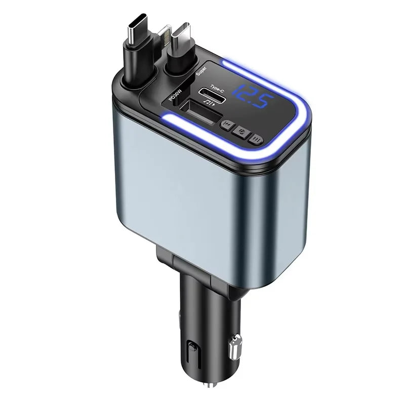 5 IN 1 180W Retractable Car Charger Bluetooth 5.0 FM Transmitter Fast Phone Charger Handsfree Call U-disk Aux with LED Light