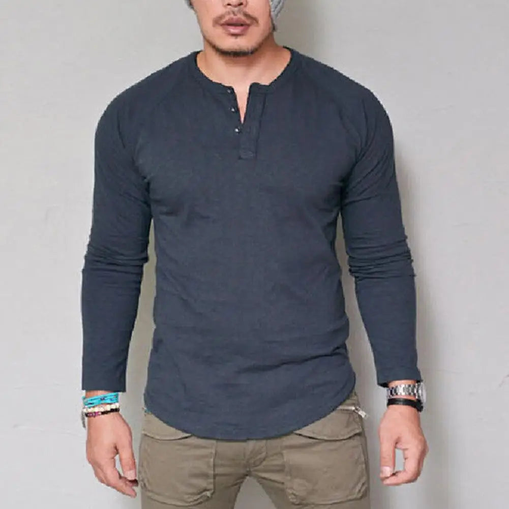 Men Cotton T-shirt All Match O Neck Buttons Slim Long Sleeve Men T-shirt T-shirt Breathable Cotton O Neck Blouse Male Autumn Tee