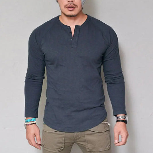 Men Cotton T-shirt All Match O Neck Buttons Slim Long Sleeve Men T-shirt T-shirt Breathable Cotton O Neck Blouse Male Autumn Tee