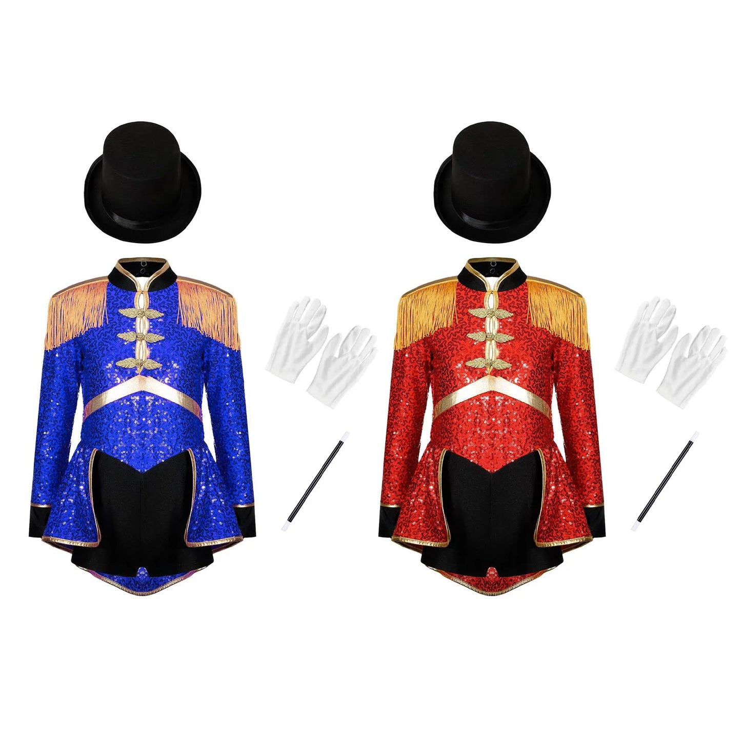 Kids Girls Circus Ringmaster Magician Drum Band Costume Sequins Bodysuit with Hat Gloves Wand Halloween Carnival Fancy Dress Up