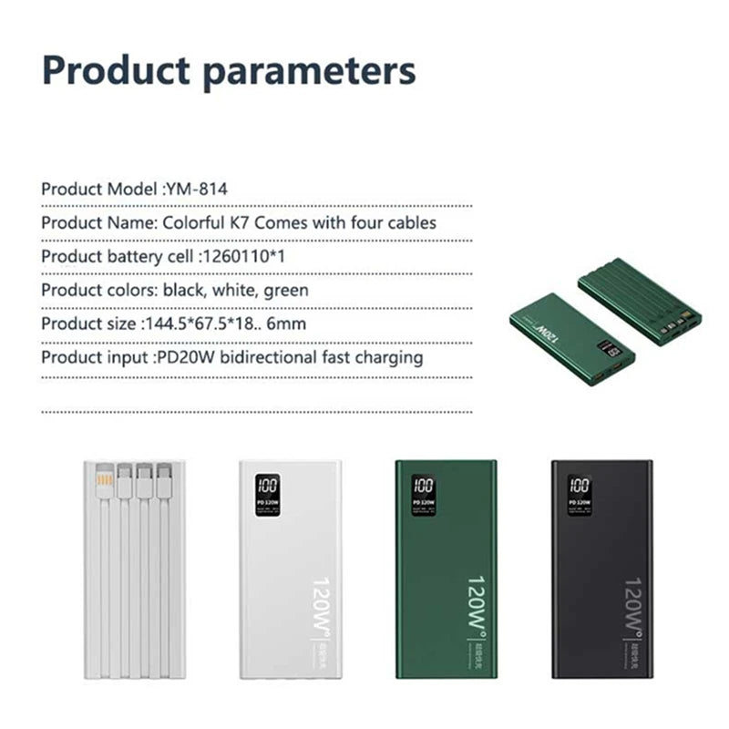 500000mAh Power Bank Built 4 Cables Large Capacity Super Fast Charging Portable External Battery for iPhone Huawei New