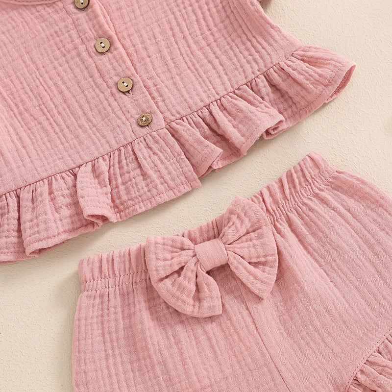 Pudcoco Little Girl 2 Piece Summer Set, Fly Sleeve Button Down Ruffled Tops Bow Elastic Waist Shorts Baby Toddler Set 6M-4T