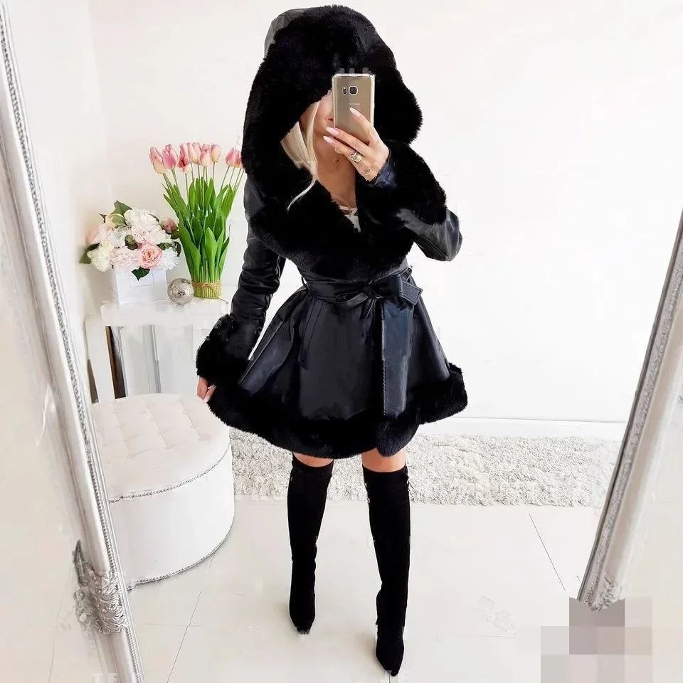 Warm Solid Color Lace-up Belt Fur Splicing New Women's Long-sleeved Ruffle Edge Hooded Jacket Parka