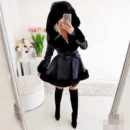 Warm Solid Color Lace-up Belt Fur Splicing New Women's Long-sleeved Ruffle Edge Hooded Jacket Parka