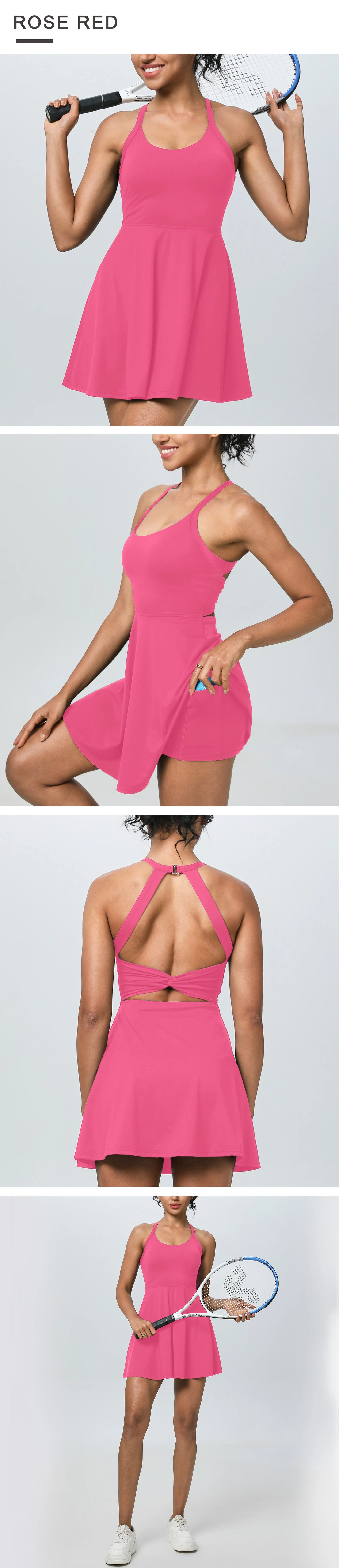 Summer Women Sexy Backless Tennis Dress Sleeveless A-lined Athletic Dress Built-in Bra & Shorts Ladies Elastic Workout Skirts