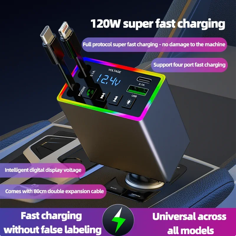 M38 FM Bluetooth MP3 Transmitter 4-in-1 120W Fast Charge Retractable Cable Car Charger with Colorful Light Built-in Media Player